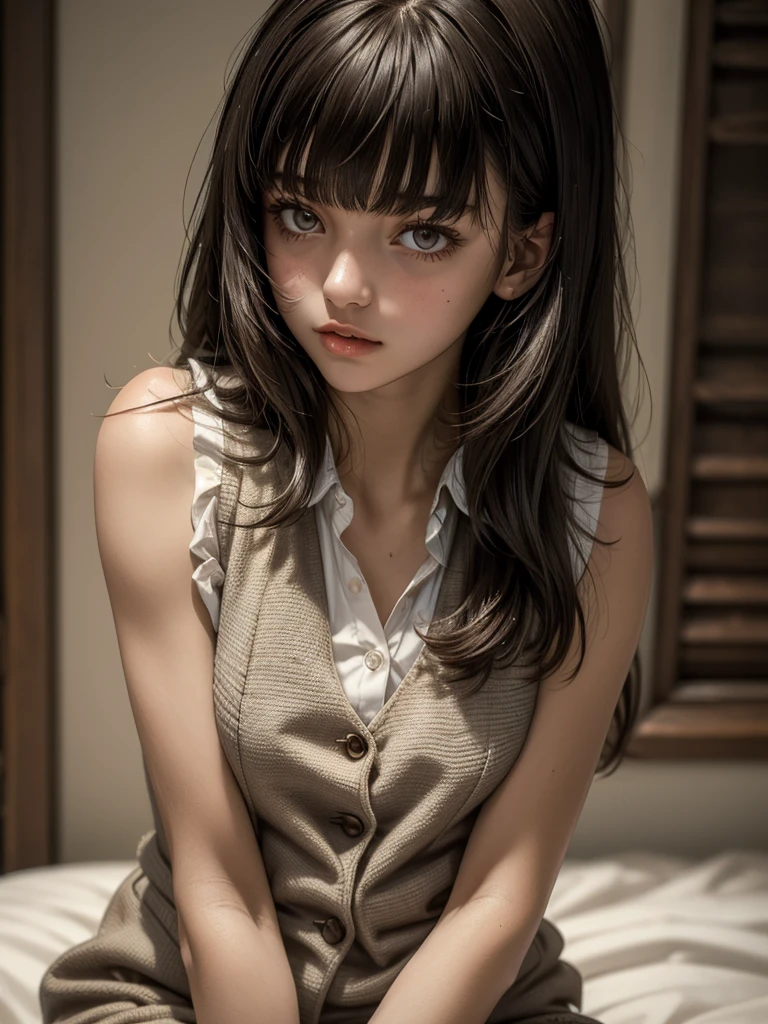 1girl, ((Caucasian)), white girl, older teen, small slender body, ((vest)), dress shirt, long brown hair, bangs, (brown eyes), ((textured bangs)), full lips, (masterpiece, best quality)
