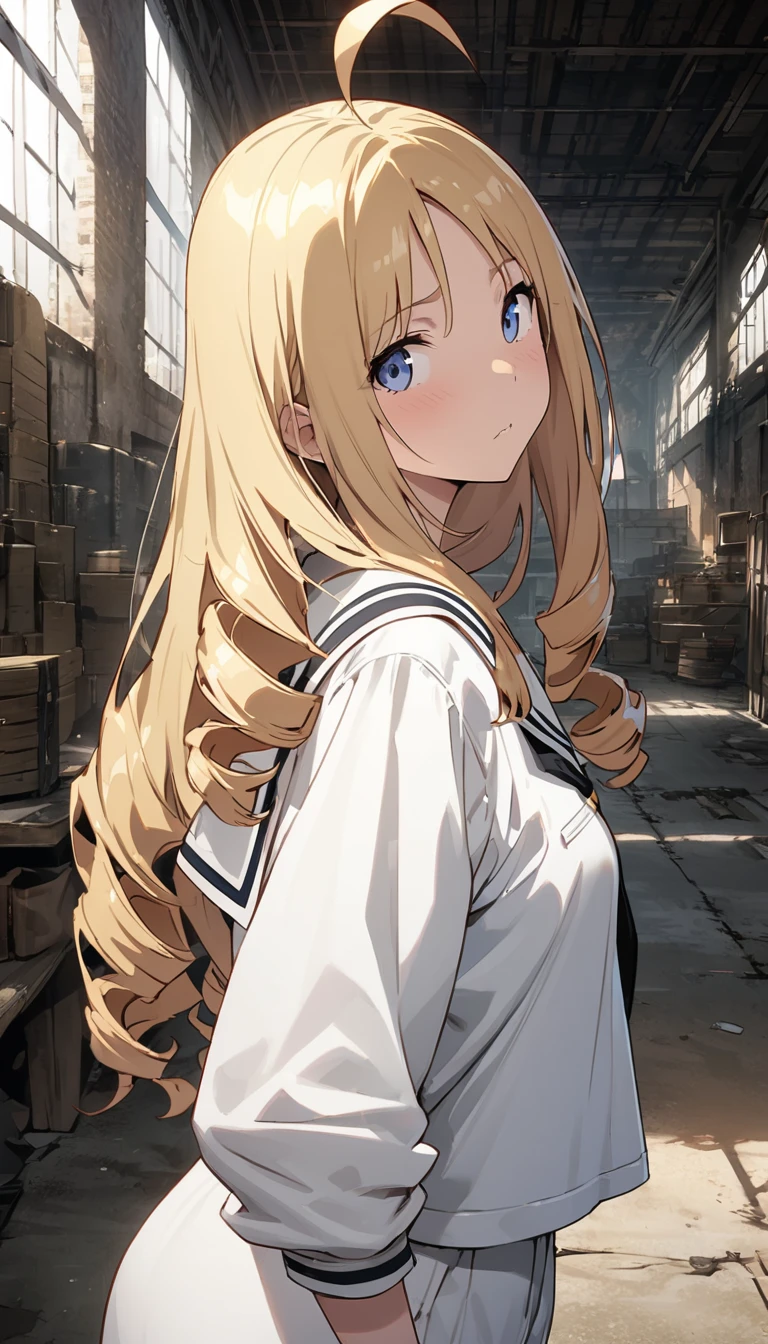 woman、  upper body、 Viewers, Long Hair, Ahoge, blonde, Drill Hair,   blue eyes  ,  Oblique eyes, Melancholic face、  white sailor suit、 white socks、 loafers、mp40、機関銃をViewersに向けて撃つ、old warehouse background  、Illustration、anime、  speedy shot , masterpiece, cute,  Best Hand