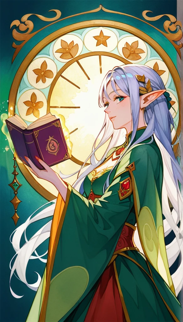 (masterpiece:1.2),(Best Quality),( very detailed ),( Kampala ),8k,wallpaper,(Watercolor:1.1),( woman:1.5),(Female Elf),(Silver Hair),(mage),(美しいmageのローブ),(magic book), Beautiful Gradients , Art Nouveau Style Frame, Alphonse Mucha , Ultra-detailed, Timeless Modern, 