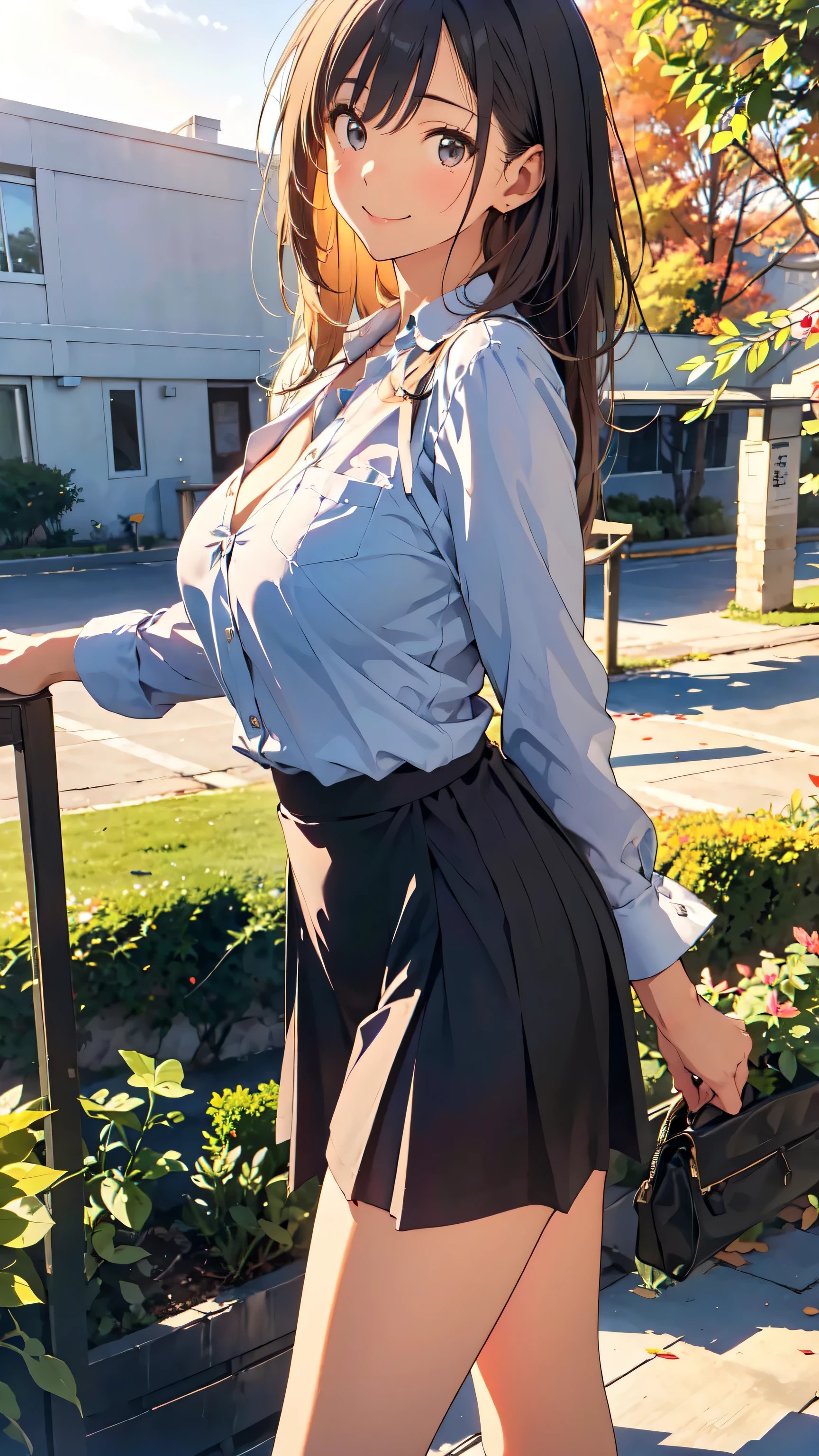 Very Cute and Beautiful Adult Women, 23 years old, OL, ((Casual Linen Shirts, Open Button Shirts )), Droopy eyes, Beautiful legs, model body type, Natural Large Breasts:1.5, ( very detailed 美しい顔), (smile, shame), Black Hair , semi-long , Seraphim,( Long Sleeve Plaid Linen Shirts , Long skirt), Women in White Blouses and Tight Skirts , stroll, (From side),(stripes panties, random color), (Best Quality,masterpiece:1.0), absurd, kampala,Super detailed, very detailed ,32K,8k resolution, intricate details,Movie Scene, detailed background, Alone, Dynamic Angle, autumn leaves, autumn leavesした落ち葉, garden, autumn leavesした木々, Autumn breeze,パンチラ,