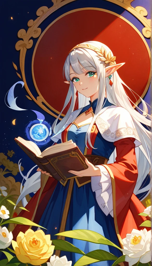 (masterpiece:1.2),(Best Quality),( very detailed ),( Kampala ),8k,wallpaper,(Watercolor:1.1),( woman:1.5),(Female Elf),(Silver Hair),(mage),(美しいmageのローブ),(magic book), Beautiful Gradients , Art Nouveau Style Frame, Alphonse Mucha , Ultra-detailed, Timeless Modern, masterpiece, accurate,  Anatomically Correct , Best Quality, 