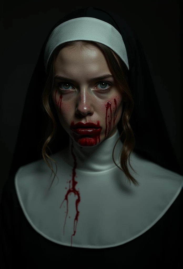 
1girl, solo, breasts, realistic, blood, nun, brown_hair, habit, medium_breasts, lips, cross, upper_body, brown_eyes, blood_on_face, teeth, (best quality,4k,8k,highres,masterpiece:1.2),ultra-detailed,(realistic,photorealistic,photo-realistic:1.37),portrait,dramatic lighting,chiaroscuro,dark,moody,cinematic