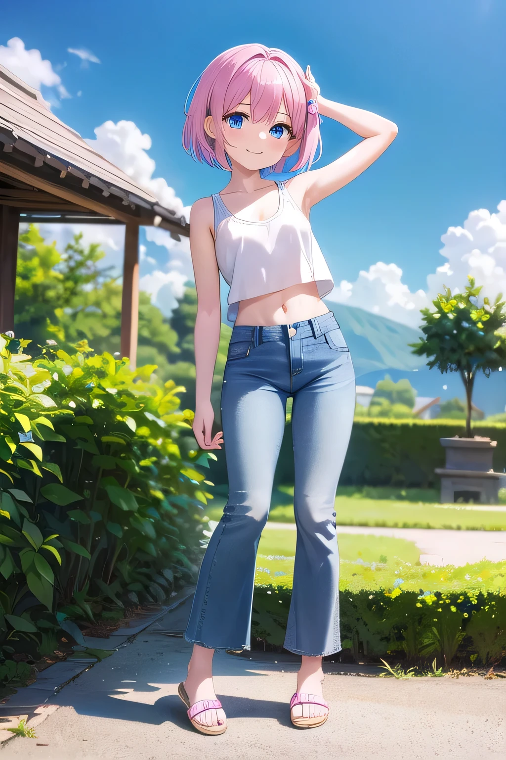 1girl, alone, ichika nakano,2d, masterpiece, best quality, anime, highly detailed, big breasts, medium waist, wide hips, round butt, solo, cowboy shot, pink hair, short hair, cardigan around waist, white crop top, cleavage, denim shorts, standing, outdoors, street, city, smile, looking at viewer, head on, pov (from below), perfect anatomy, perfect hands