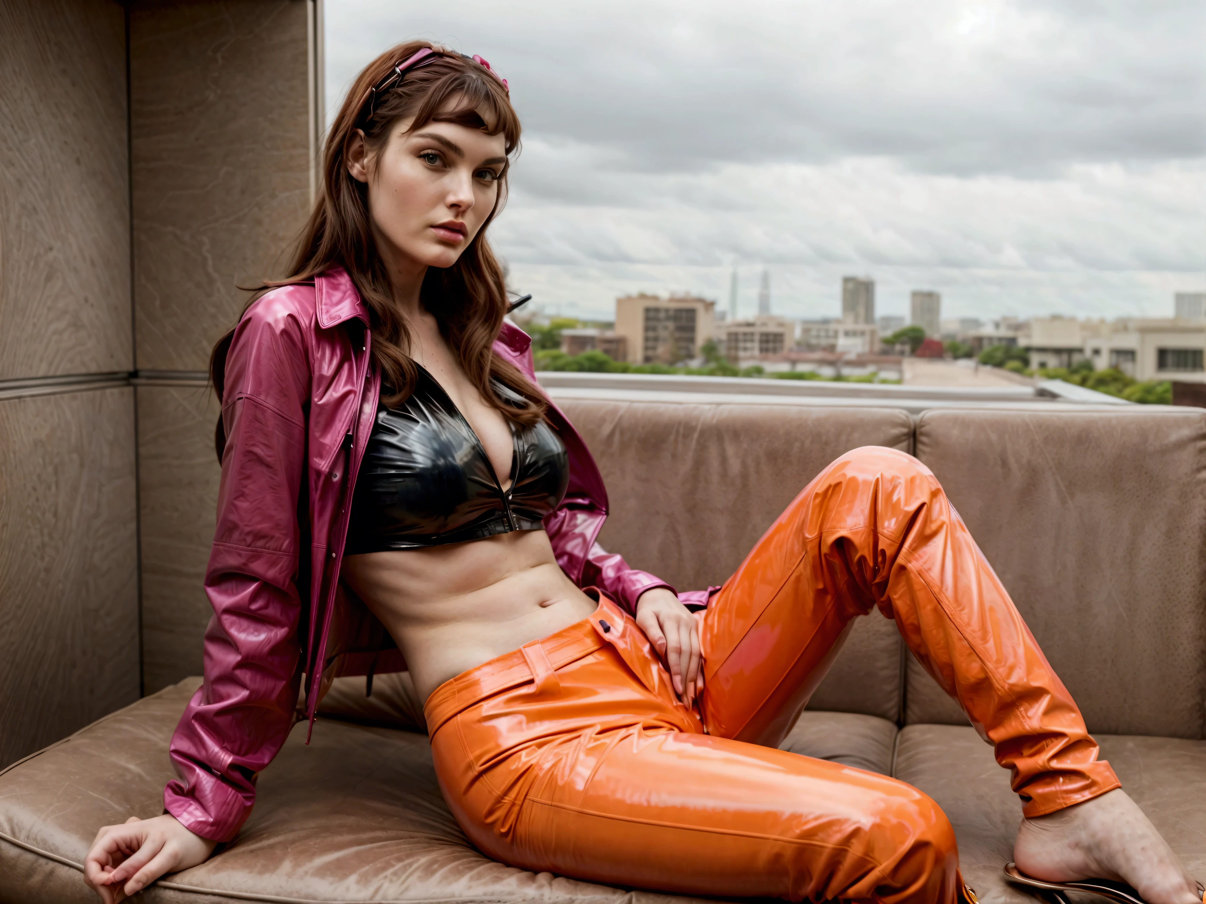 Lauren Phoenix_28 years old_wearing pink wide leather pants and short raincoat made of orange pvc,_sitting in a lounge chair