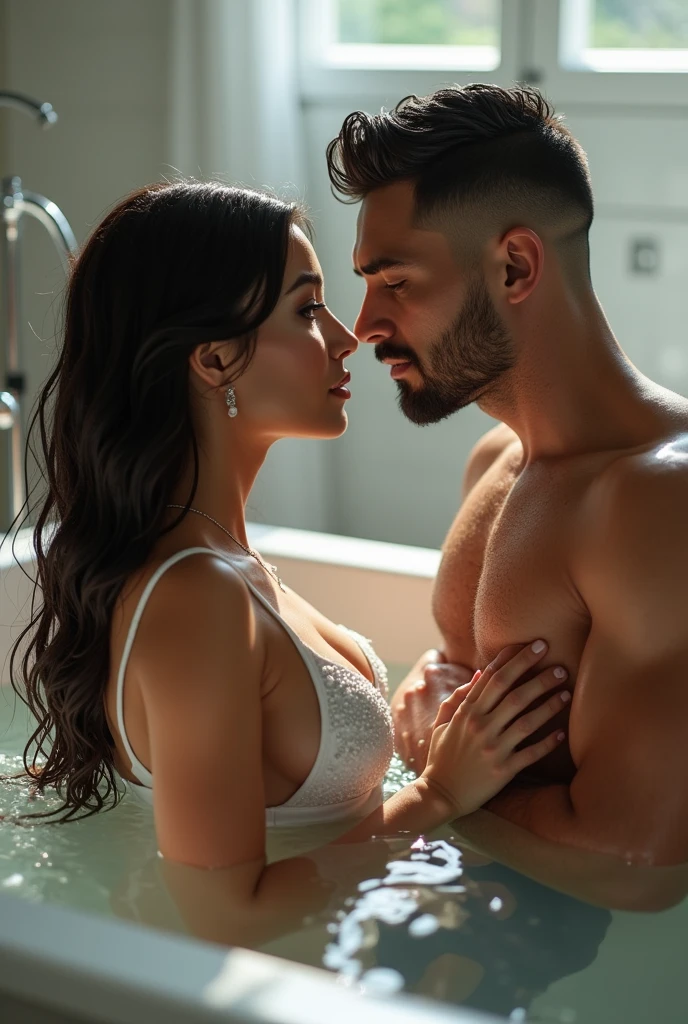 Best 8k HDR quality, hyper realisitc, A couple, A man and a woman bathe, The body is covered with foam, detailed skin textures, Surreal chiseled skin