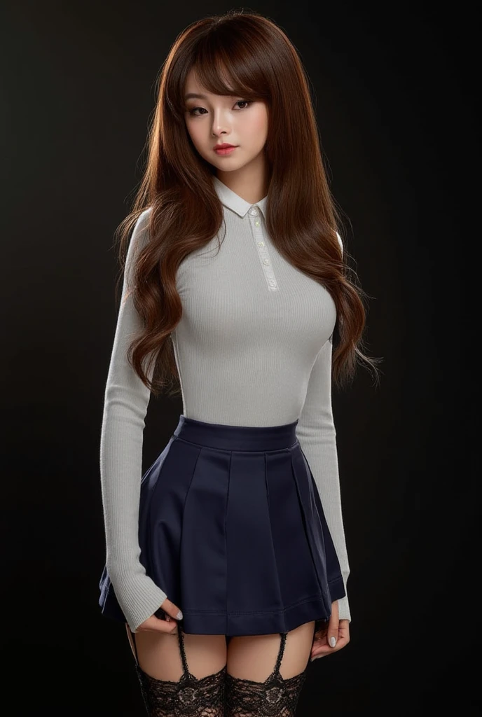 realistic, high res image, masterpiece, best quality, young woman, cute, fair skin, brown shiny long hair, ultra detailed eyes, thick lips, dark background, school uniform, white long sleves fitted shirt, navy skirt, black lace leg wear, black lace thighhigh, .