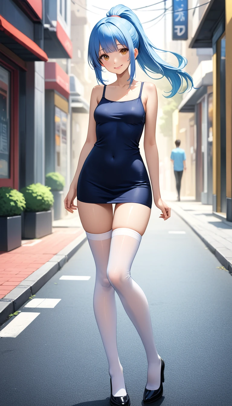 ((masterpiece,Best Quality:1.3,best quality illustrations)),cowboy shot,1woman,adult,(ponytail),straight long hair,light_blue hair,(very small head:1.2),bangs,gorgeous eyes,brown eyes,,smile,blush,(very long body),small breasts,(dark blue Tank mini dress, slit 、white_thighhighs),slender body,toned body,shiny skin,on street,neon、Shinjuku、Tokyo、