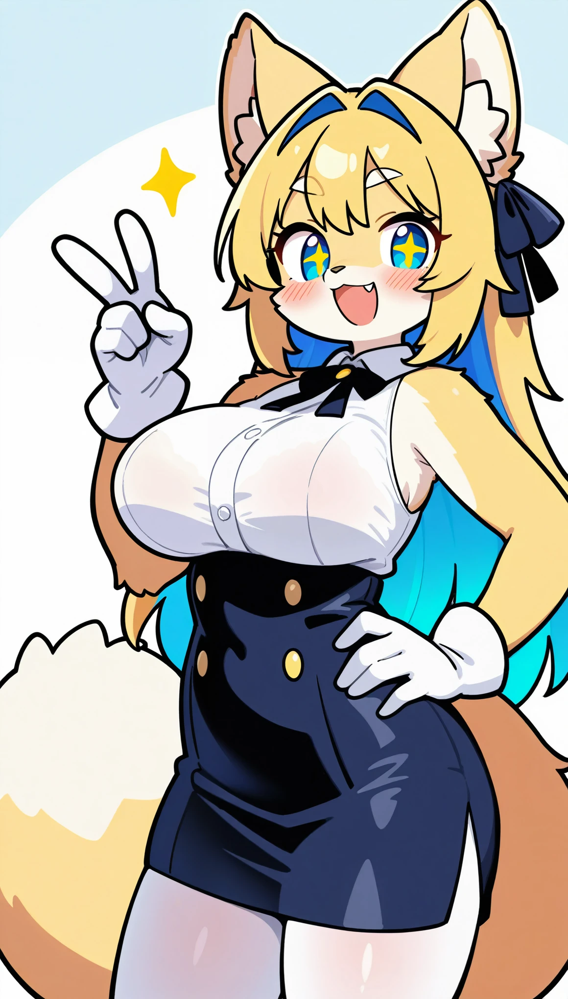 1girl, solo, long hair, breasts, looking at viewer, blush, smile, open mouth, bangs, blue eyes, blonde hair, large breasts, hair ornament, bow, animal ears, cleavage, :d, pantyhose, thighs, fang, indoors, bowtie, black footwear, rabbit ears, high heels, arms up, leotard, two side up, wrist cuffs, covered navel, thigh strap, fake animal ears, highleg, playboy bunny, squatting, highleg leotard, white leotard