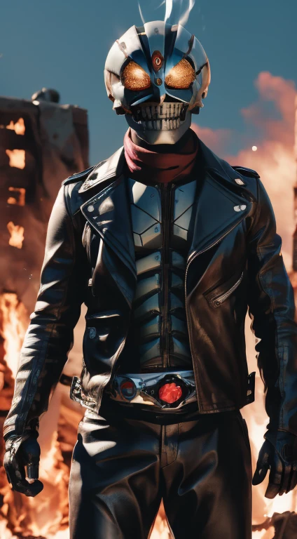 ((solo, kamen rider, shinkr, ghostrider, wearing leather jacket, leather pants, head painted like a skull skeleton)), (((burning head))), skull mask, mecha, (standing), full body detailed, detailed hands, good fingers, good hands, good legs, red scarf, low hood, ((epic burning city)), ruins, floating, explosion, debris, some fire and glitter background, ultra hd, ultra realistic texture, (flare lens:1.2), (long shot:0.9)