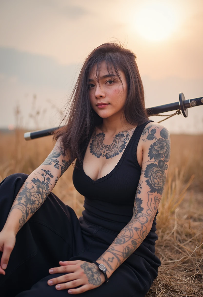 woman sitting on the ground with a sword and tattoo, Slim Yakuza Girl, katanas strapped to her back, Oriental tattoos, She holds a katana sword, female Samurai, Yakuza tattoo on the body, of a Taiwanese girl with tattoos, Full body tattoos, Full body tattoos, behind her a decorated Korean pole weapon, Geisha tattooArafed woman exuding strength and grace, her piercing gaze locked on the horizon, embodying the spirit of the warrior. The sun casts a golden hue on her inked skin, each tattoo narrating tales of valor and tradition. The intricate patterns of her full body tattoos intertwine with the curves of her form, celebrating her heritage and the legacy of the Yakuza. As she adjusts her grip on the katana, the blade glints with a fierce allure, complementing the dual katanas strapped firmly across her back, whispering of battles fought and won. An aura of mystery surrounds her, a juxtaposition of femininity and ferocity, as the decorated Korean pole weapon leans against her shoulder, an extension of her indomitable spirit. Her attire is a blend of culture and modernity, the fabric flowing seamlessly, allowing for swift movement, while showcasing her tattoos that tell a story of perseverance, elegance, and history. The geisha tattoo, wrapped delicately around her arm, serves as a reminder of the beauty and discipline of the past, merging seamlessly with the contemporary symbols etched across her skin. In this serene moment, seated on the ground, she is both a guardian and a storyteller, a slender yet powerful figure in the rich tapestry of martial heritage, ready to rise and embrace whatever destiny awaits her. The atmosphere crackles with anticipation, the weight of tradition carried in every breath, as she prepares to carve her path into the world, sword in hand and tattoos glowing with a life of their own.