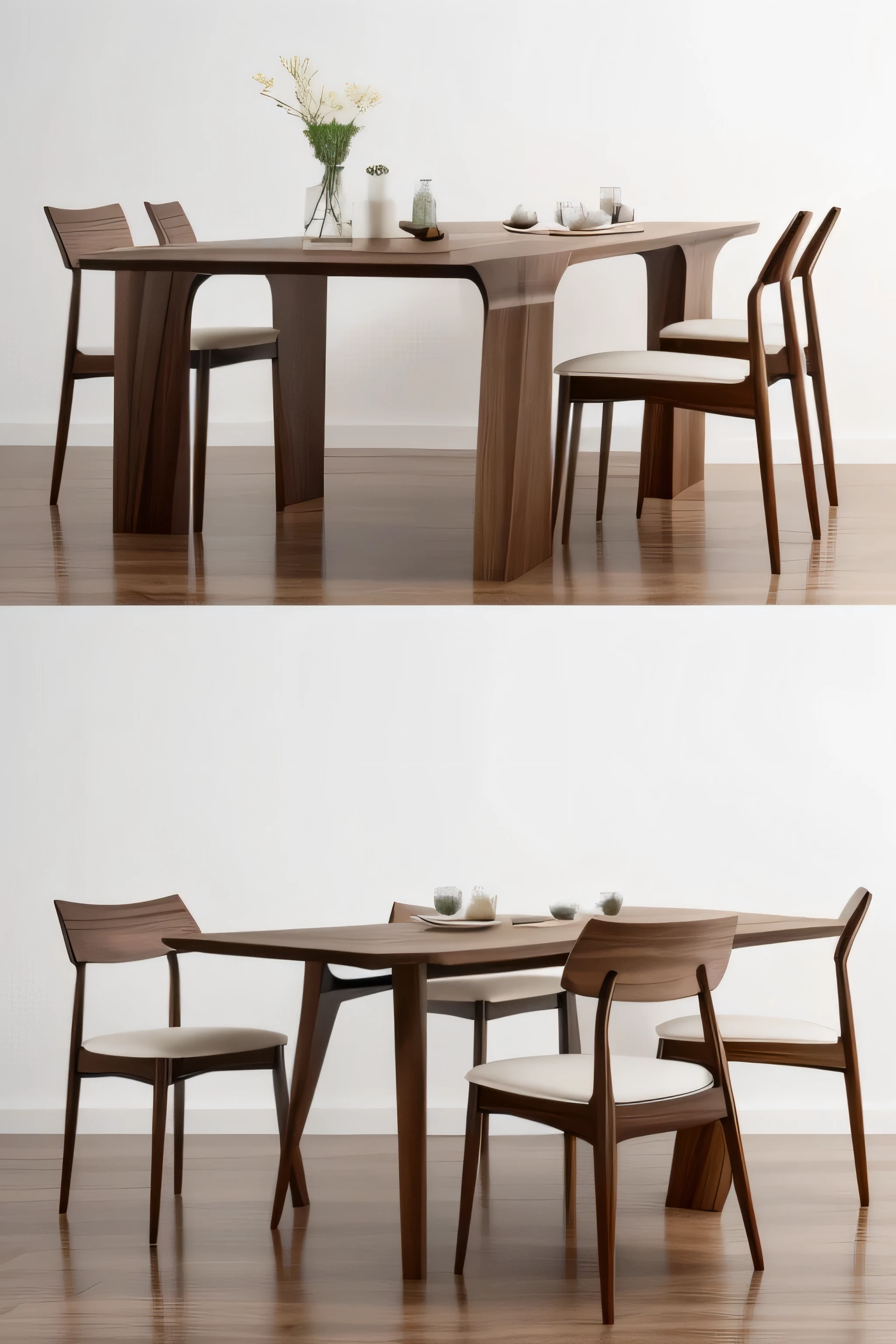 Design a dining table and chair set made from solid walnut wood, featuring a sleek, modern style with clean lines and natural wood grain finish. The table should have a rectangular shape, supported by sturdy legs, and the chairs should have comfortable, ergonomically shaped backs and seats.