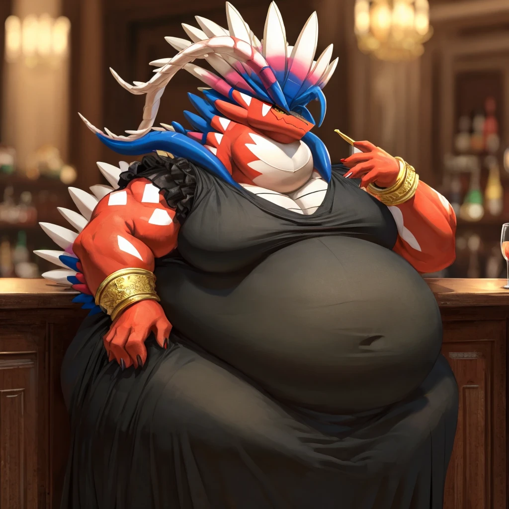 (solo) Pokemon Koraidon, (morbidly obese), bulging belly, (large elegant full body dark dress:1.5), (gold bracelets), (sitting at the bar)