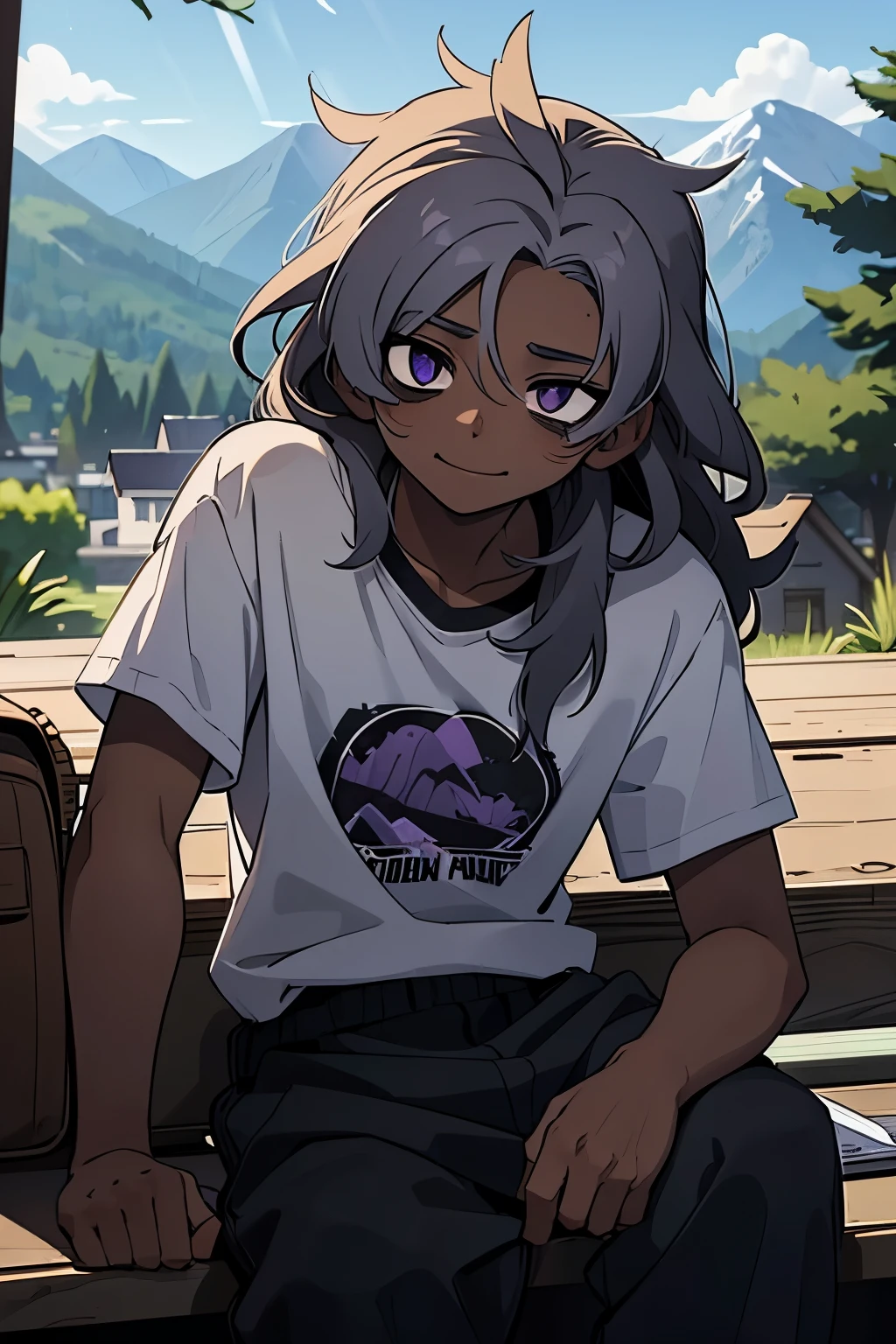 A grown adolescent male , with dark skin, with purple eyes, snake eyes, bags under eyes,  white-haired, messy hair, long hair,  wearing a black short sleeve shirt,  wearing black sweatpants, smiling with your mouth closed, sleepy,  daily mountain scenery .
