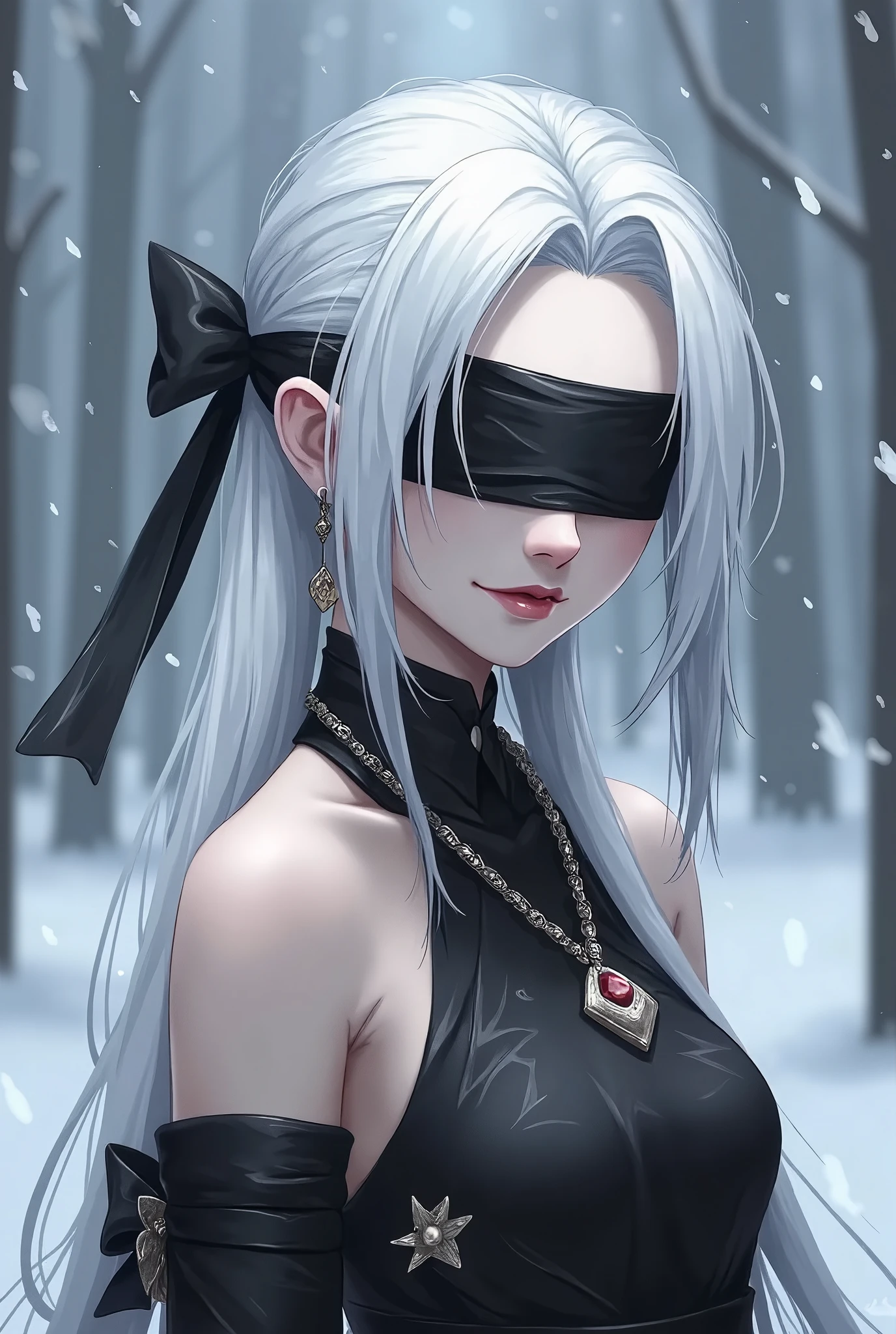 Jinx，gufeng,full body,1 Girl,Long hair, unique,Blindfold,Jewelry,earrings,Vague background, upper body,White hair,Vague, cover eyes ,snowing,Shut up,Lips,snow,  face the audience ,black Blindfold,ribbon,Japanese Clothing,