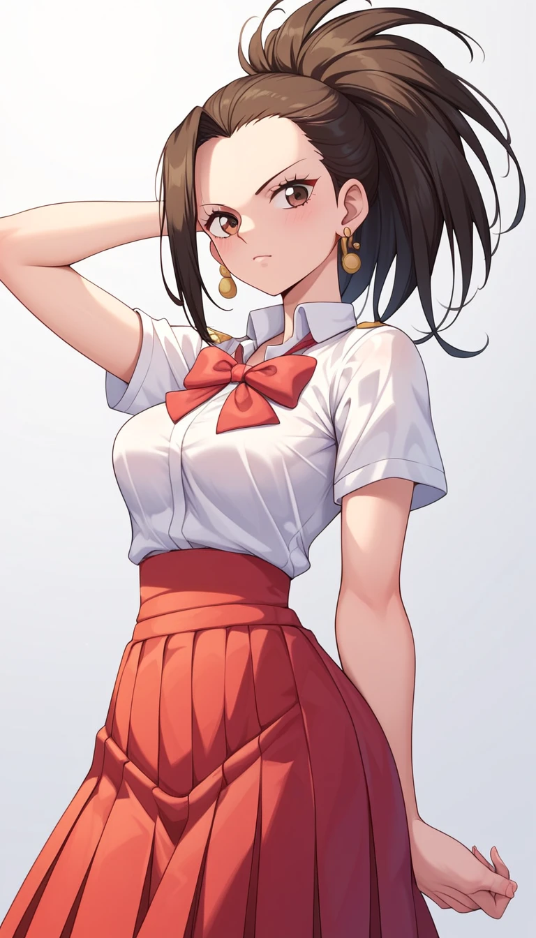  score_9,  score_8,  score_7, anime、Momo Ayase by Dundadan、Brown Hair,  Brown Eyes , medium breasts,  posing shyly, Red face,  school uniform、 earrings for a woman alone、One piece knit、 chest visible