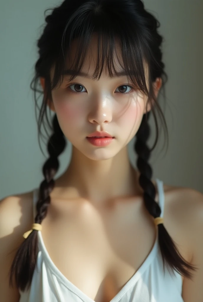 High resolution, Highest quality, super high quality, Very detailed, 8K、underwear、、Embarrassing、Sweaty、Sweat、Embarrassing、(masterpiece:1.2, Highest quality), (Realistic, photoRealistic:1.4), Beautiful illustrations, (Natural Side Lighting, Cinema Lighting), View your viewers, whole body, 1 Girl, Japanese, high school girl, Perfect Face, Cute and symmetrical face, Shiny skin, Baby Face, (short hair, Low twin tails,Black Hair), Hair between the eyes, black eye, Big eyes, Droopy eyes, (Center of chest, Captivating thighs, Big Ass)、
