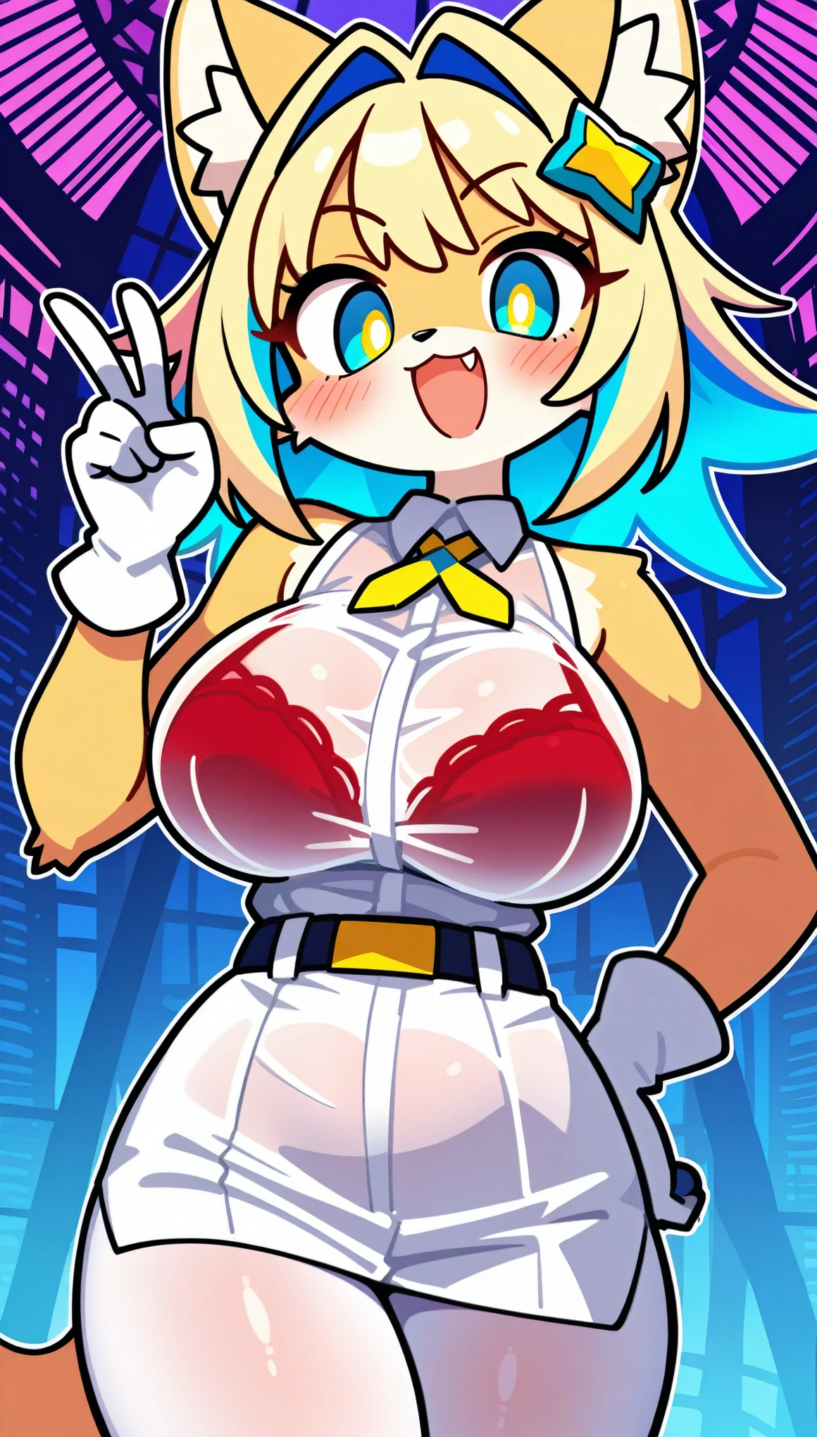 1girl, furry, breasts, solo, open mouth, pantyhose, blonde hair, blue eyes, large breasts, blush, gloves, fang, smile, multicolored hair, looking at viewer, see through white shirt, can partially see red bra, white gloves, hand on hip, blue hair, white pantyhose, yellow pupils, bangs, sleeveless, hair intakes, two-tone hair, hair ornament, bare shoulders, :d, v, sexy, seduce