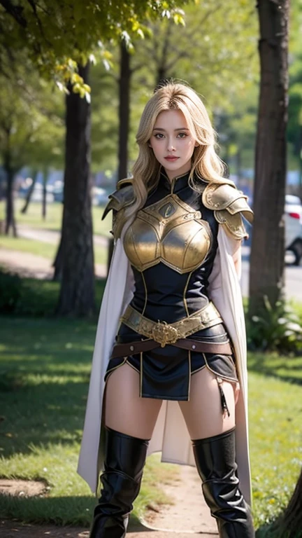 Busty women， short bang ，Thighs，blonde，rich long hair that reaches the waist ，Wavy long hair， Slim Body ，((Black Armor))， with fine details ， push the longsword that fits into the scabbard to the ground