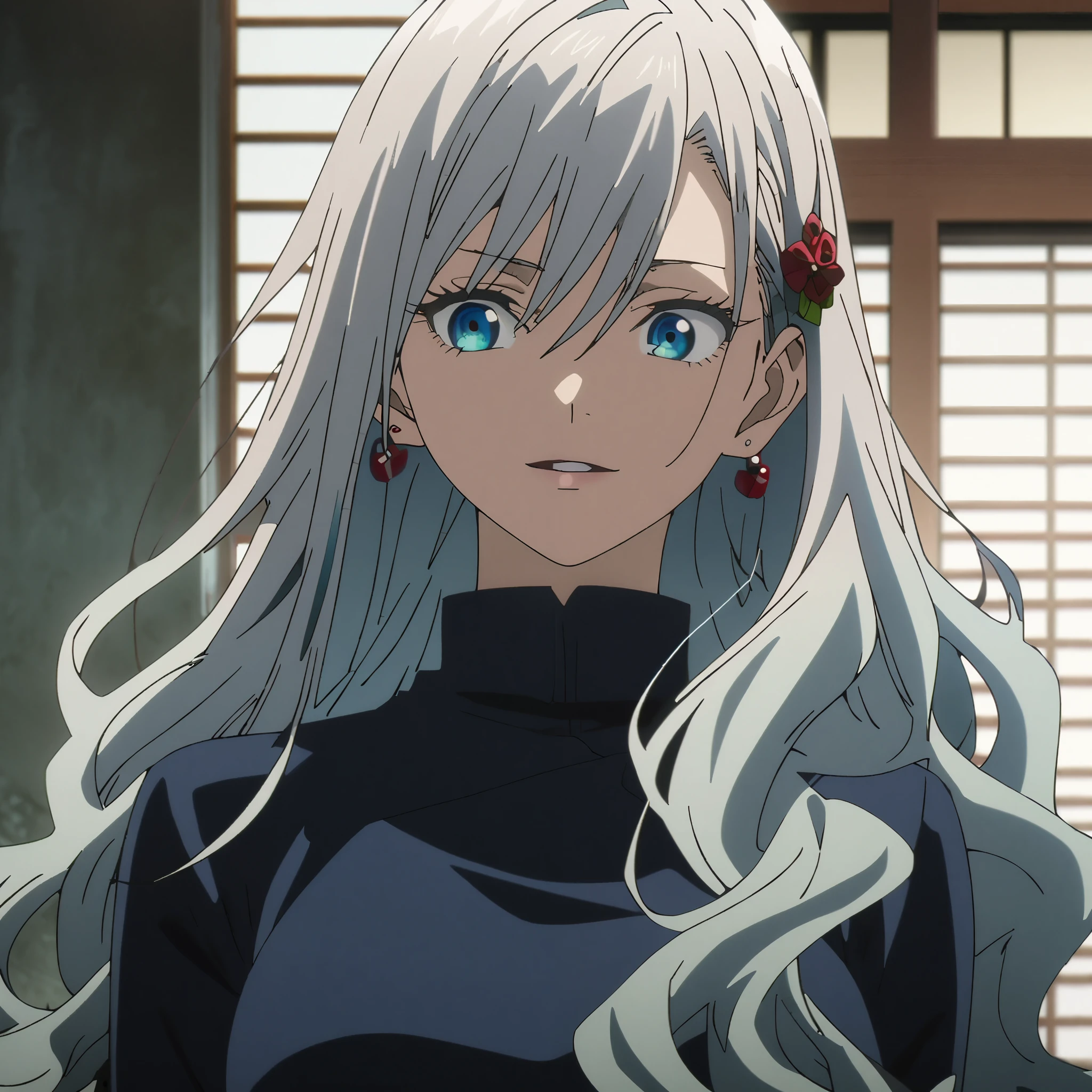 1girl, solo, long hair, ribbon, hair between eyes,breasts earrings, parted lips, cowboy shot, jujutsu kaisen screen cap, anime screen cap, silver hair, upper body, blue eyes, very silky hair, slight smile, absurdly long hair, high resolution, masterpiece, wavy hair, swept bangs, close up shot, hair ornament,