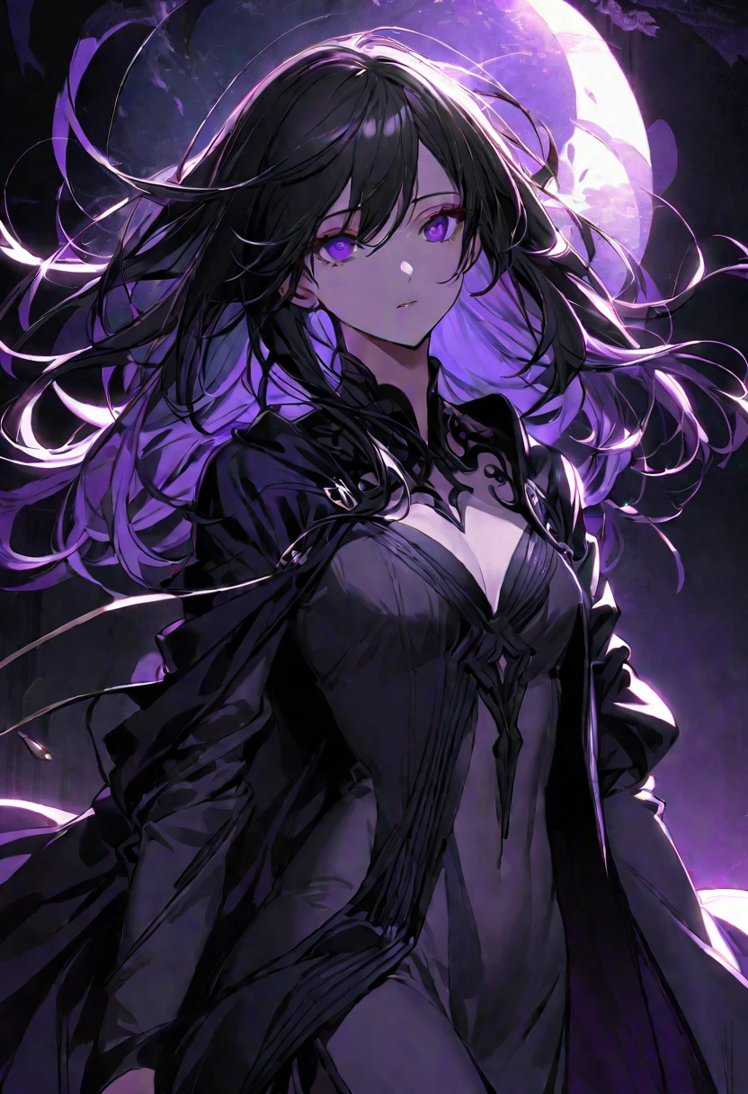 female demon with long midnight black hair with purple eyes