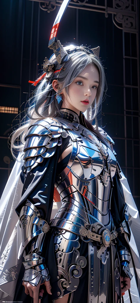  photorealistic, masterpiece,  photorealistic,  high definition, Soft light,  hip up ,  blue eyes , Gray Hair, Long Hair,  Intricate Details EABA  , Cape, spear, warrior, armor, Japanese sword, Warrior, Samurai Helmet