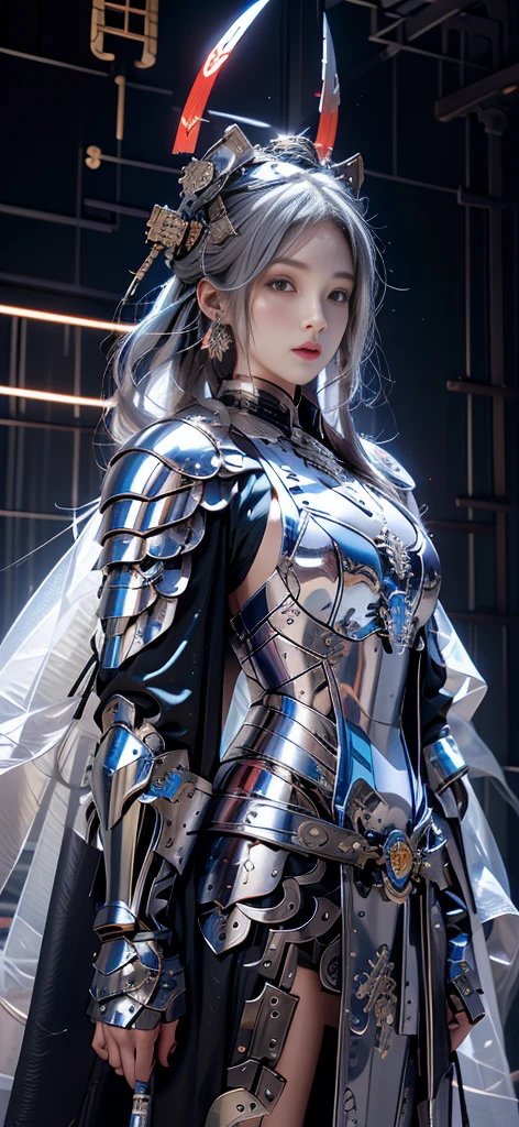  photorealistic, masterpiece,  photorealistic,  high definition, Soft light,  hip up ,  blue eyes , Gray Hair, Long Hair,  Intricate Details EABA  , Cape, spear, warrior, armor, Japanese sword, Warrior, Samurai Helmet