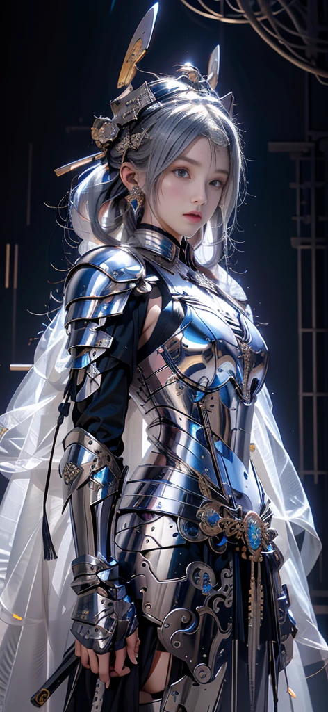  photorealistic, masterpiece,  photorealistic,  high definition, Soft light,  hip up ,  blue eyes , Gray Hair, Long Hair,  Intricate Details EABA  , Cape, spear, warrior, armor, Japanese sword, Warrior, Samurai Helmet