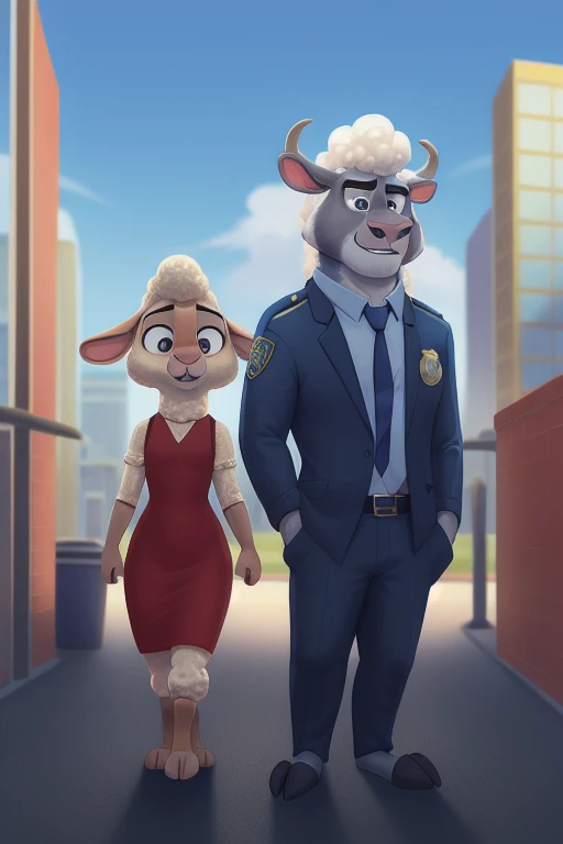 Chief Bogo ,Zootopia , Cow Man, suit,Police station in the background,Sheep Girl,Bellwether,dress