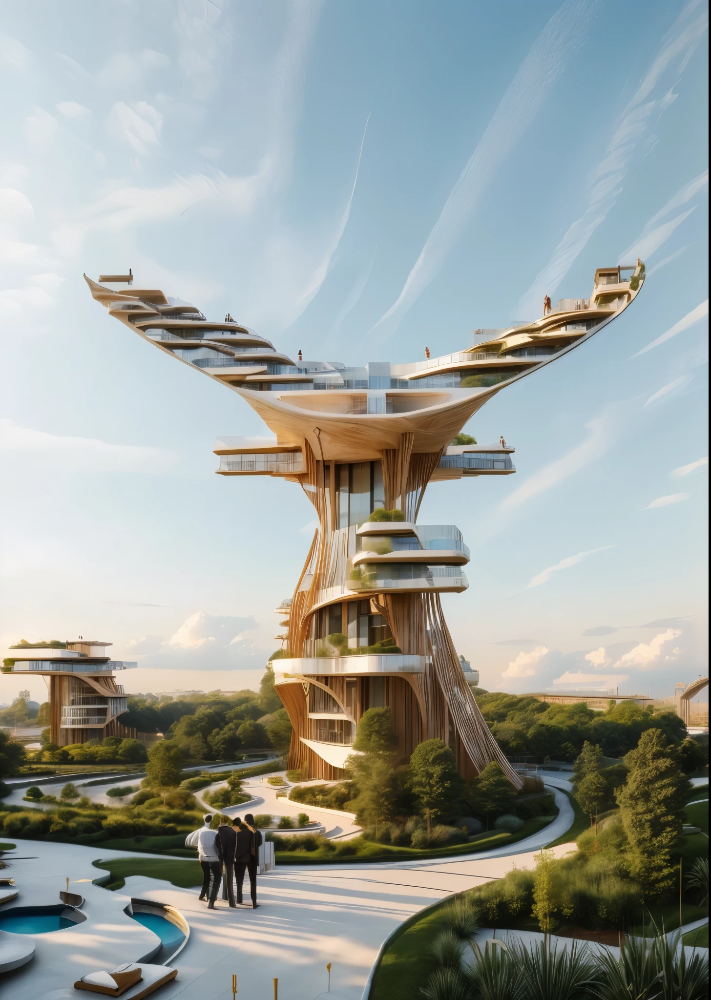 Amazing Architecture by zaha hadid, tower in the sky, by syd mead, park, trees, people, realistic, pools, BLUE SKY, NEAT, Real building, 