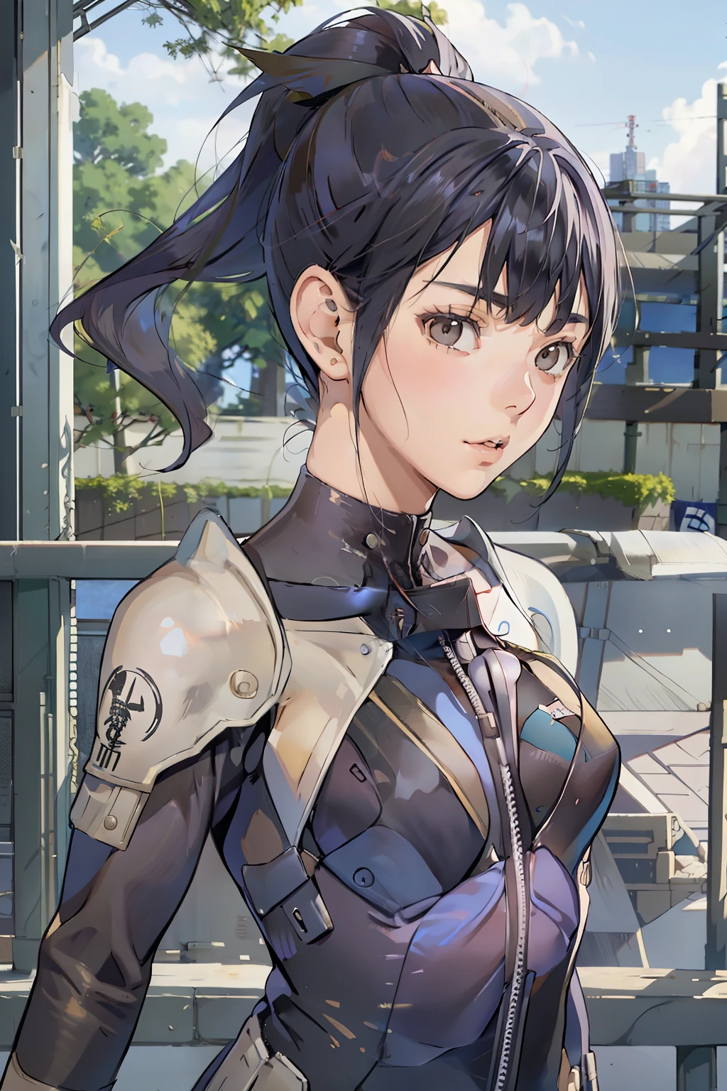 live-action、 real、Very beautiful Japanese schoolgirl、 Black Hair、Moderate bust、 bodysuit、 simple background、 upper body、 ponytail、 upper body、 look up at the sky、Expressway in the center of the city、Combat Uniform、Alone、from adove