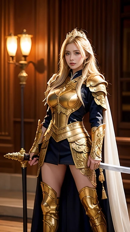 Busty women， short bang ，Thighs，blonde，rich long hair that reaches the waist ，Wavy long hair， Slim Body ，An illustration of a character in black Western-style armor with intricate gold trimmings. The character stands firmly, holding the hilt of a large sword with both hands, blade pointed downward into the ground like a staff. The figure’s stance is strong and resolute, with dramatic lighting emphasizing the details of the armor and sword, creating a powerful and majestic atmosphere. The background is muted to keep focus on the character.