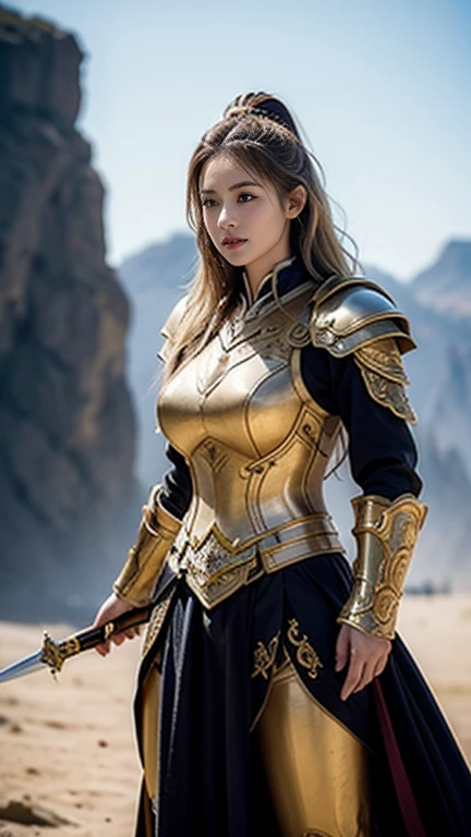 Busty women， short bang ，Thighs，blonde，rich long hair that reaches the waist ，Wavy long hair， Slim Body ，An illustration of a character in black Western-style armor with intricate gold trimmings. The character stands firmly, holding the hilt of a large sword with both hands, blade pointed downward into the ground like a staff. The figure’s stance is strong and resolute, with dramatic lighting emphasizing the details of the armor and sword, creating a powerful and majestic atmosphere. The background is muted to keep focus on the character.