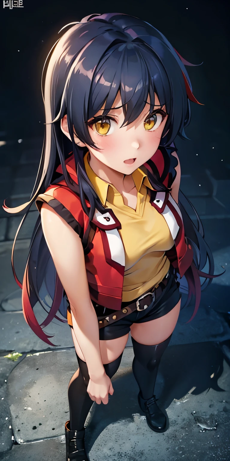 1 Female,High definition,high resolution,Ultra-realistic,8K, hmrei, long hair, black hair,yellow eyes,red jacket, collared shirt, yellow shirt, sleeveless, belt, black shorts, black thighhighs ,black boots, medium breasts,European,sexy,Upper body close-Photographed from the front,Dynamic Angles,private teacher,blush, small tits ,(top view),(full body), Multicolored hair ,(from behind ),big ass