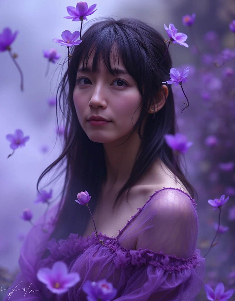 
A hyper-realistic, emotionally charged portrait of a woman inspired by Ophelia, embodying grace and elegance with a touch of melancholy. Her image is enveloped in soft, diffused lighting, casting gentle shadows that create a dreamlike, almost ethereal atmosphere. She is dressed in flowing, delicate fabrics in shades of purple and violet, symbolizing the beauty and subtle sorrow of the purple violet flower. Her long hair cascades softly around her, partially wet, as if she has emerged from water, catching the light in subtle highlights. Her gaze is distant, thoughtful, with a faint, melancholic expression that hints at unspoken emotions and depth.

The background is blurred, awash in tones of lavender and deep violet, evoking a sense of mist and mystery, as if she is surrounded by a cloud of mood. Small purple violet flowers float gently around her, some tangled in her hair, adding a touch of symbolism and fragile beauty to the composition. The color palette is soft yet rich, blending hues of purple, lavender, and gentle blues, creating a cohesive atmosphere that captures both the grace and tragedy of Ophelia. The overall effect is hauntingly beautiful, with a perfect balance of realism and fantasy, drawing viewers into her world and the emotions she silently conveys.