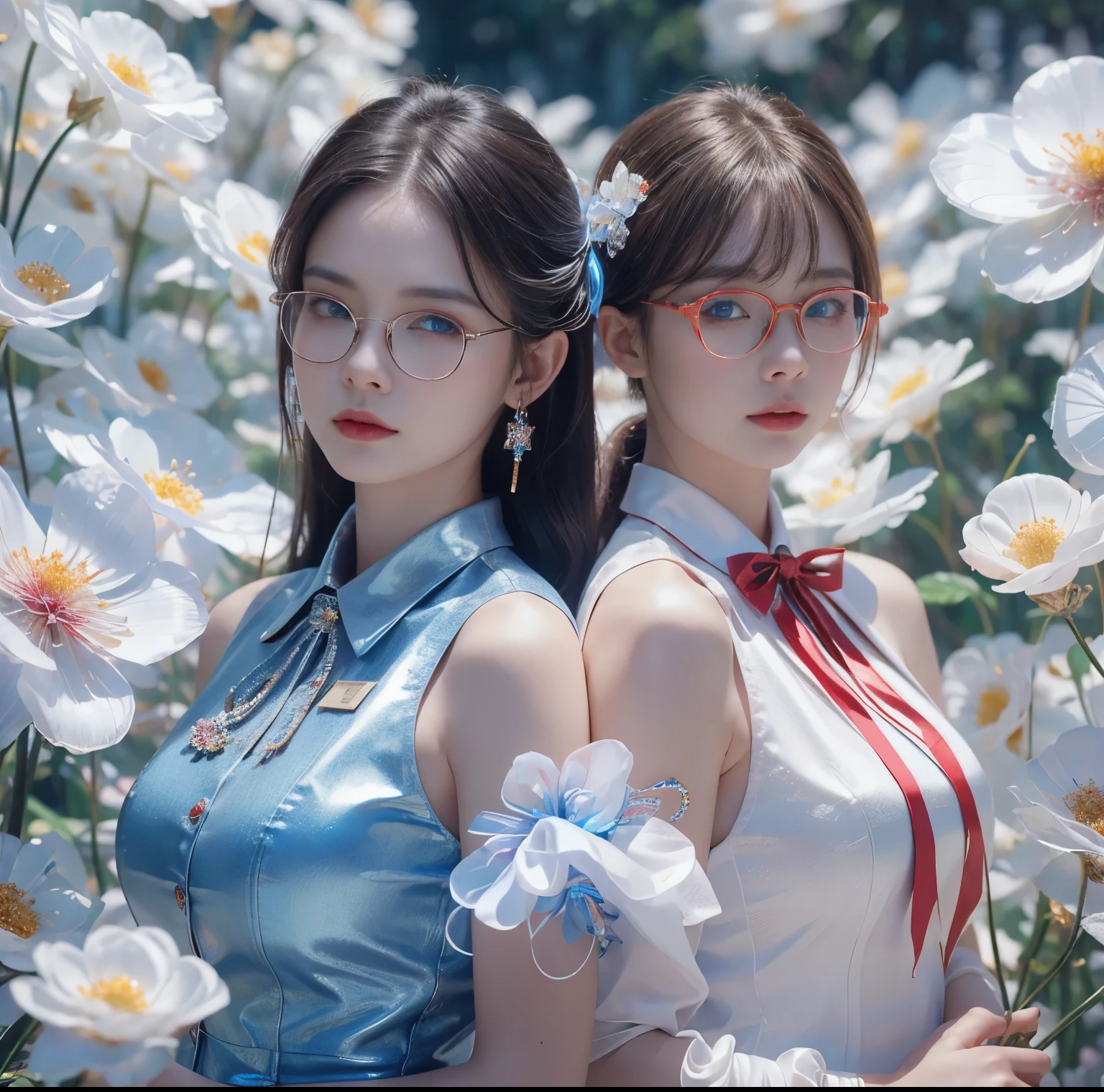 8K quality, Masterpiece, (Dazzling and fantastic lighting),  super real , High chroma, Man and woman wearing glasses , Whitening skin, brunette with bangs , (Big, bright blue eyes), (Crimson ribbon tie:1.2), Above chest, Three Piece, ( are squinting dazzlingly in the flower garden:1.2), (Thick glasses), 