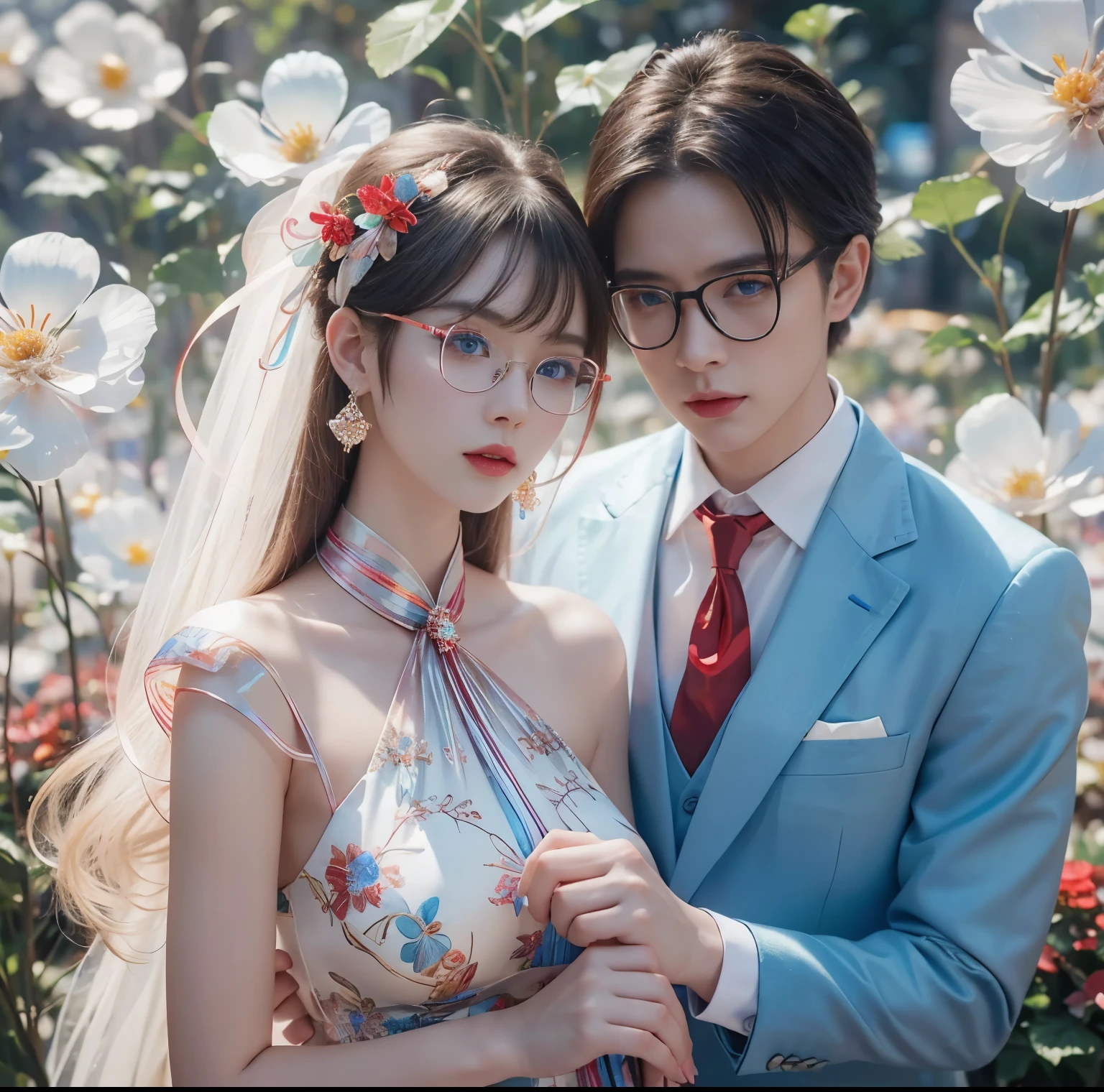 8K quality, Masterpiece, (Dazzling and fantastic lighting),  super real , High chroma, Man and woman wearing glasses , Whitening skin, brunette with bangs , (Big, bright blue eyes), (Crimson ribbon tie:1.2), Above chest, Three Piece, ( are squinting dazzlingly in the flower garden:1.2), (Thick glasses), 