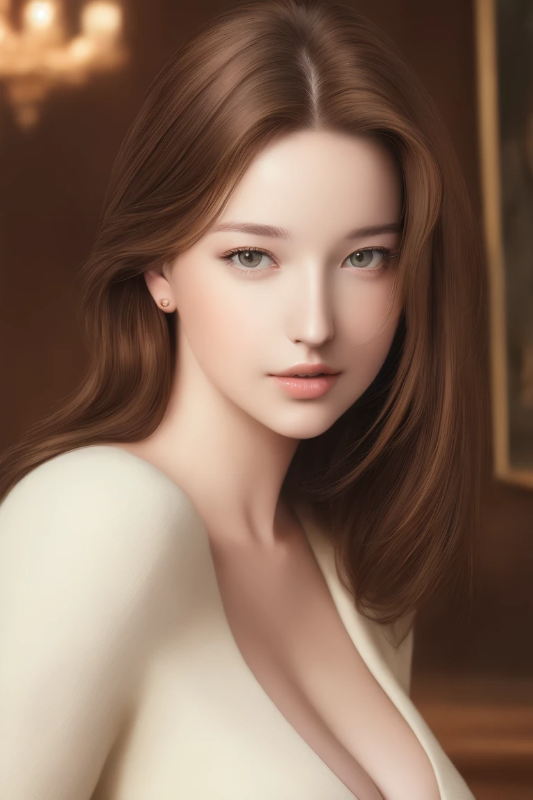  original low angle view ,  Close-up portrait of Danilova in casual clothes,  is looking for viewers , 1woman,  Pale Skin , (Round Face:1.2), ( curvy body :0.4),  Elegant staircase in a mansion with medium brown hair  ,  put a seductive face , Extremely refined,  intricate details,  realistic lighting , Atmospheric Depth, Superb technology,  expression of naturalism, Harmonious composition, Creative improvement , Brown hair ,  best quality,  masterpiece ,  super high resolution , (photorealistic:1.2),