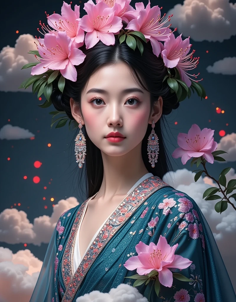 (masterpiece, best quality:1.2), 1girl, Mori Yukie, Dale Chihuly, fashion magazine cover, Wlop, Alphonse Mucha, Hsiao Ron Cheng, mineral pigment digital painting, textured matte, dark fantasy, new 3D ancient Chinese style, William Morris, Josef Frank, image of a rhododendron fairy with earrings in clouds, in the style of realistic yet romantic, fairycore, black paintings, baroque elegance, 32k UHD, exaggerated facial features, Chinese style lighting, 3D particles, Gustav Klimt, sequins, bioluminescence, luminous particles, James Turrell, Nick Veasey, ultra high definition pixels, full body, film grain