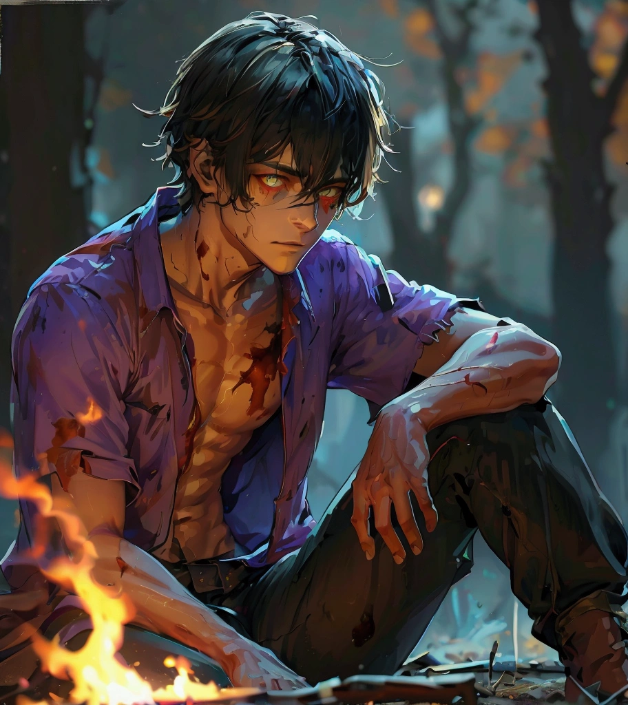  a zombie apocalypse survivor , male,  in front of a single campfire at night.  survivor of dark brown hair with messy fringe , piercing golden eyes, black skin,  half-torn purple shirt with bloodstains , half-torn black pants ,  look finished and suffering ,   with a single axe half broken and red next to the survivor .  midnight and the survivor is sitting on the dirt floor watching the bonfire ,  reflection of the bonfire in his tired golden eyes , sturdy body of survivor . BLACK SURVIVOR !,  semi-human dog ,  there are two dog ears on the survivor's head( one of the ears are bruised ),  many scars on the survivor ,  the survivor's sexy bloodstained face .