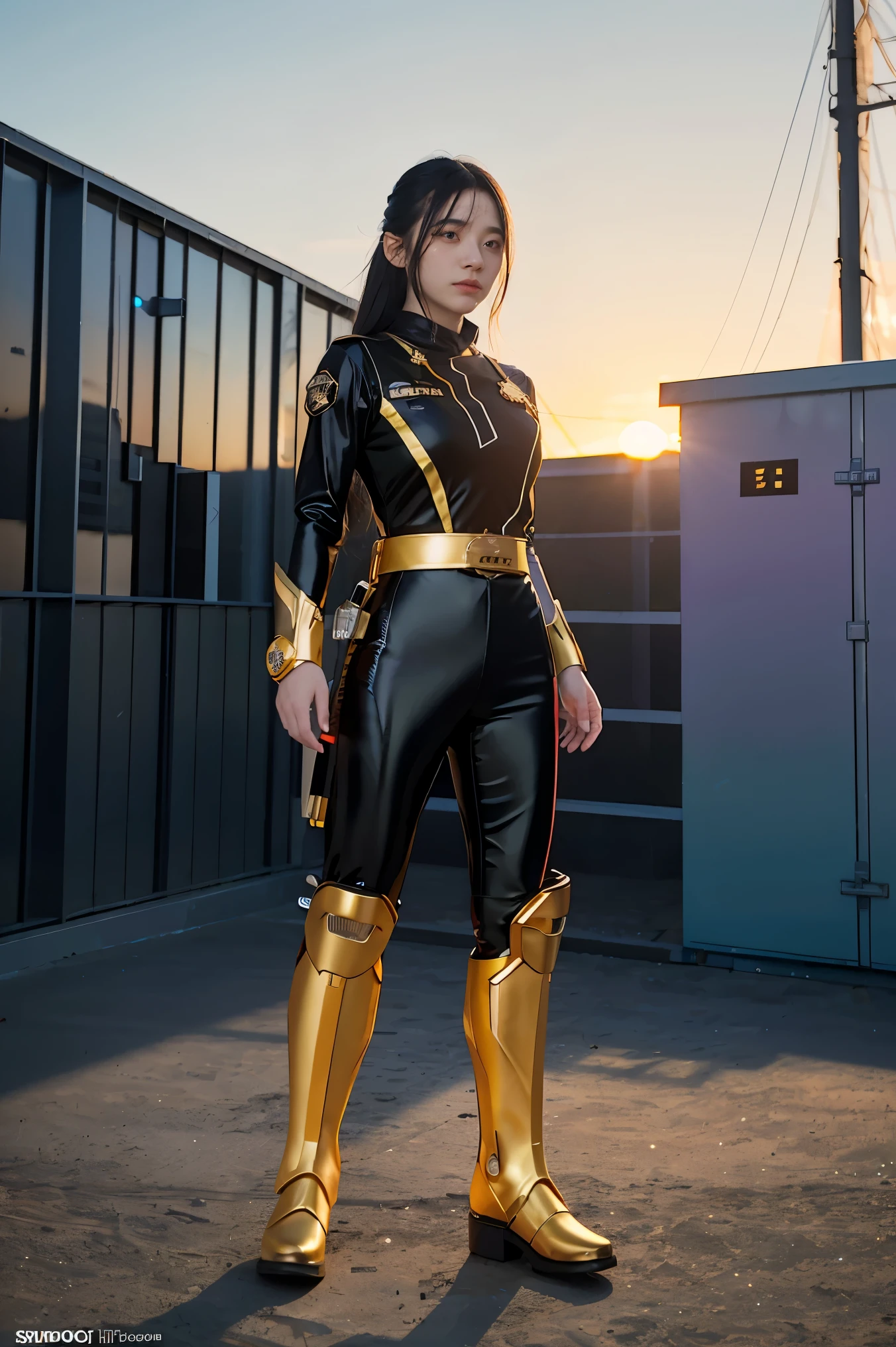**Image Description:**
- Setting: Outdoor sunset with a colorful sky, in a fantasy theme.
- Character: A young girl with long dark hair, depicted as a police in a black outfit with gold details.
- Outfit: A Power Ranger-inspired black suit featuring a red star.
- Style: Extremely detailed and high resolution, with volumetric lighting and ambient occlusion, showcasing a sacred aura and halo.
This is a full-body illustration combining elements of fantasy and a police theme.