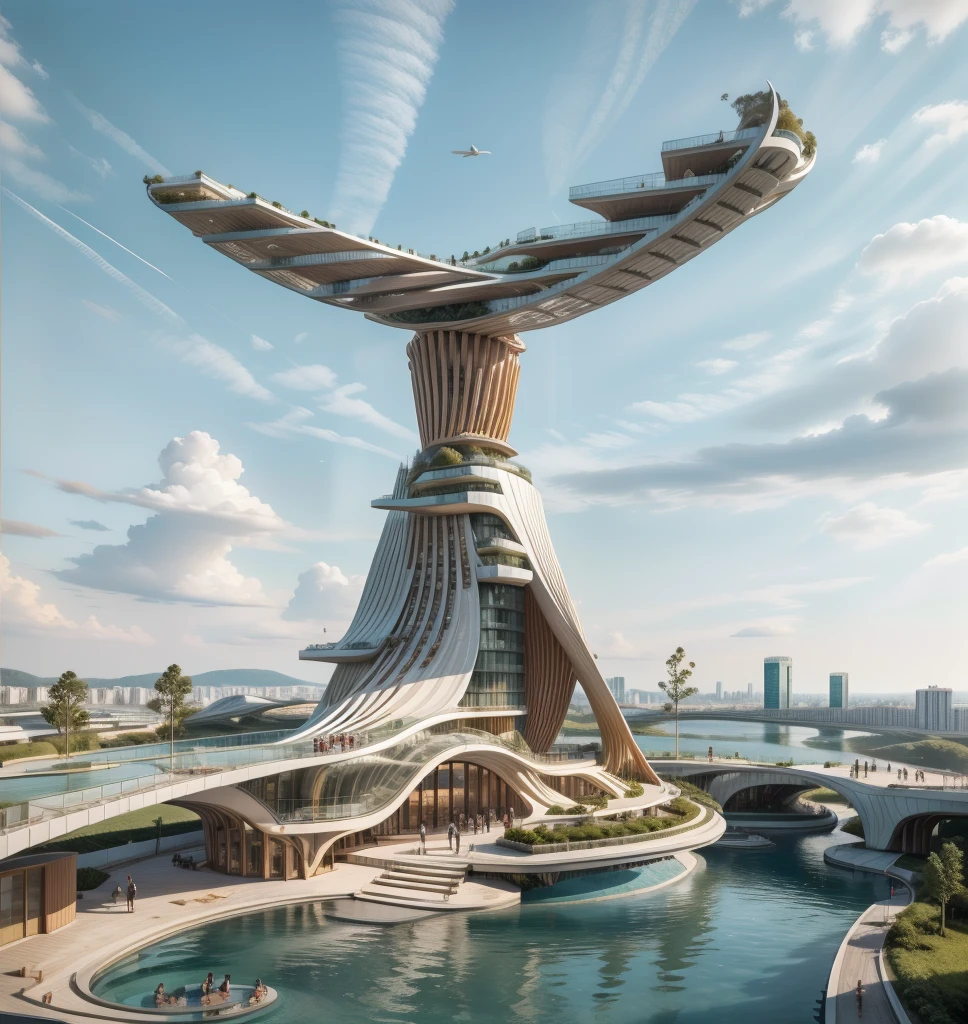 Amazing Architecture by zaha hadid, tower in the sky, by syd mead, park, trees, people, realistic, pools, blue sky