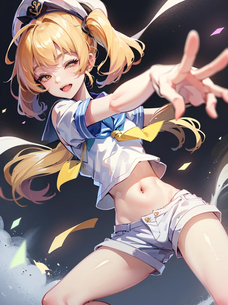 Twin-tailed golden-haired girl in sailor suit, Visible navel, Wear a hat and pants.a drawing of an anime character, clean line drawings, ultra cute girl, ultra cute face, ultra detailed eyes, ultra detailed hair, ultra cute, ultra beautiful, ((high end)), (UHD picture), (best quality,4k,8k,highres,masterpiece:1.2), top-quality(​masterpiece), top-quality, ultra-detailed, highly detailed texture, intricate details, high quality textures, masterpiece, best quality, perfect quality, perfect anatomy, perfect body, perfect symmetrical face, perfect hands, perfect feet, (two arms:1.2), (two legs:1.2), (five fingers each:1.2), (perfect joint:1.2), perfect joint movement, precise fingers and hands, 1 beautiful girl, 1 girl, alone, solo, , , ((())), ((ish)), (Best Quality, hight resolution), extremely detailed and lifelike, Vibrant colors, simple background, white socks, blonde hair, hat, blue sailor collar, twintails, sailor collar, sailor hat, yellow eyes, marine costume, short sleeves, shirt, blue neckerchief, white headwear, sailor, white shirt, white shorts, neckerchief, smile, Chiyuri, from behind, to lift up one’s skirt, cowboy shot, from front, standing, raise one leg, crossed arms, arms up behind, arms behind back, hand between legs, put hands hip, one hand on hip, forward hands, arms raised in the air, punch hands, peace sign, waving, put up index finger, sit, lie down, closed eyes, lie face down, looking back, put one hand chest, leaning forward, cleavage, close up, horizontally outstretched arms, horizontally outstretched legs, front view, front face, huge breasts for short stature, cleavage is clearly visible, G-Cup, heart hands, pointing at oneself