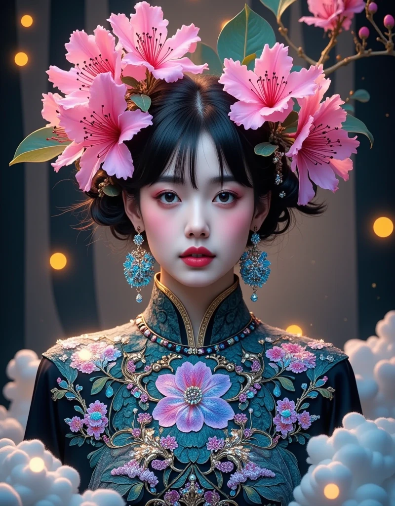 (masterpiece, best quality:1.2), 1girl, Mori Yukie, Dale Chihuly, fashion magazine cover, Wlop, Alphonse Mucha, Hsiao Ron Cheng, mineral pigment digital painting, textured matte, dark fantasy, new 3D ancient Chinese style, William Morris, Josef Frank, image of a rhododendron fairy with earrings in clouds, in the style of realistic yet romantic, fairycore, black paintings, baroque elegance, 32k UHD, exaggerated facial features, Chinese style lighting, 3D particles, Gustav Klimt, sequins, bioluminescence, luminous particles, James Turrell, Nick Veasey, ultra high definition pixels, full body, film grain