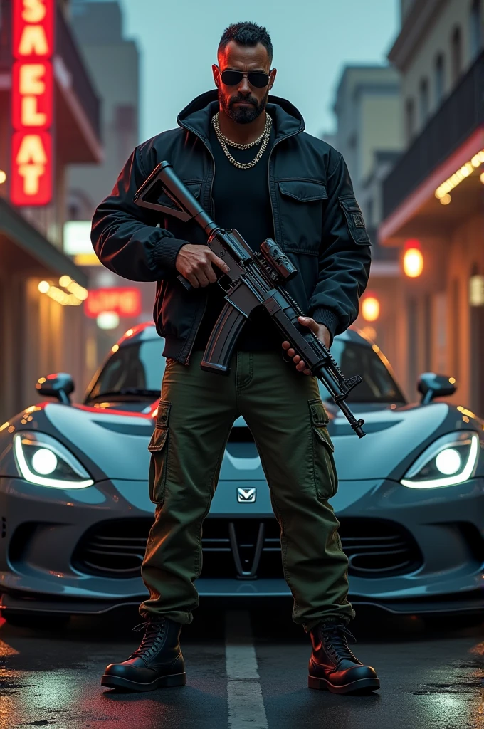 Gangstar wearing  green cargo pants and black tshirt with bomber jacket holding an ak47 in front of grey dodge viper in evening of New Orleans city