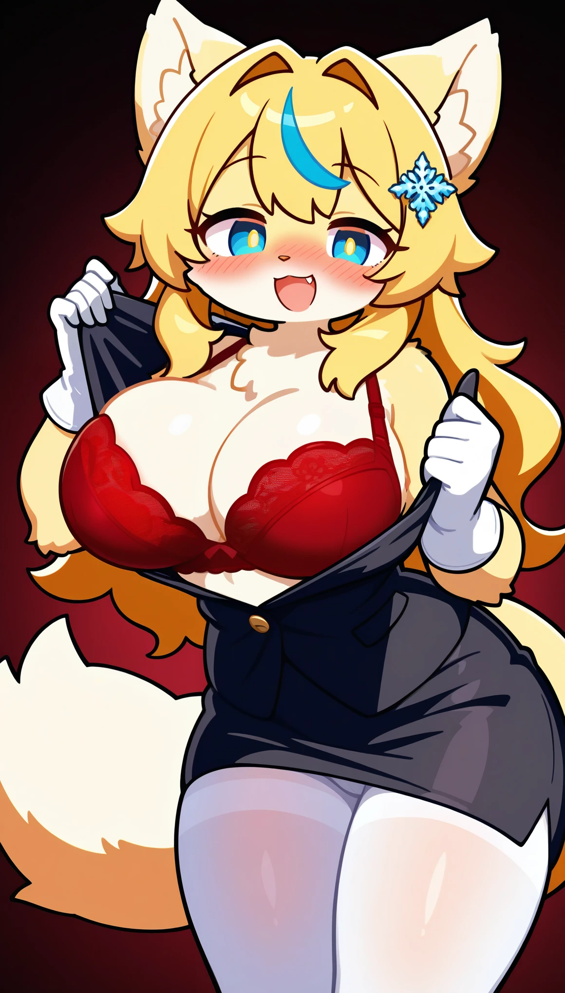 1girl, furry, breasts, solo, open mouth, pantyhose, blonde hair, blue eyes, large breasts, blush, gloves, fang, smile, yellow fur, multicolored hair, looking at viewer, see through white shirt, red lace bra, black shirt pencil skirt, white gloves, blue hair, white pantyhose, yellow pupils, bangs, sleeveless, hair intakes, two-tone hair, hair ornament, bare shoulders, sexy, seducing face, cleavage, opening shirt button, undressing, hand opening shirt, strip tease show, half open eyes, 