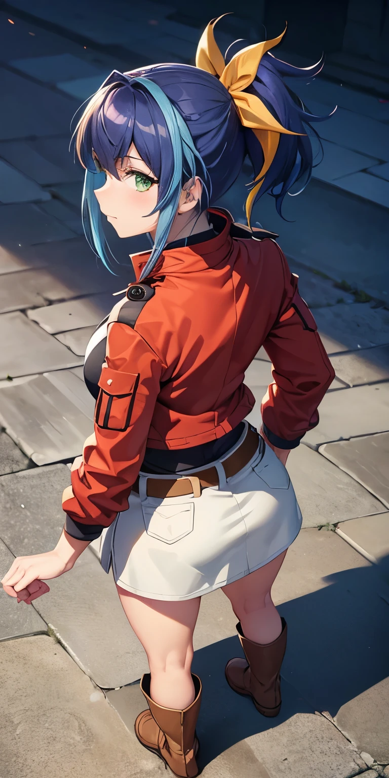 1 Female,High definition,high resolution,Ultra-realistic,8K, aaserena, yellow ponytail, ((multicolored hair)),green eyes, red jacket, black shirt, belt, white skirt, tight skirt, miniskirt ,brown boots, medium breasts,European,sexy,Upper body close-Photographed from the front,Dynamic Angles,private teacher,blush, small tits ,(top view),(full body), Multicolored hair ,(from behind ),(huge ass)