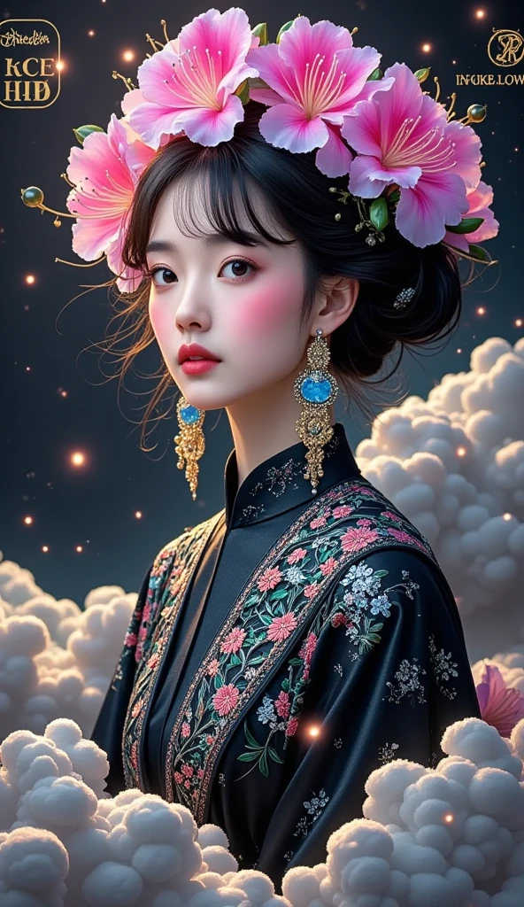 (masterpiece, best quality:1.2), 1girl, Mori Yukie, Dale Chihuly, fashion magazine cover, Wlop, Alphonse Mucha, Hsiao Ron Cheng, mineral pigment digital painting, textured matte, dark fantasy, new 3D ancient Chinese style, William Morris, Josef Frank, image of a rhododendron fairy with earrings in clouds, in the style of realistic yet romantic, fairycore, black paintings, baroque elegance, 32k UHD, exaggerated facial features, Chinese style lighting, 3D particles, Gustav Klimt, sequins, bioluminescence, luminous particles, James Turrell, Nick Veasey, ultra high definition pixels, full body, film grain