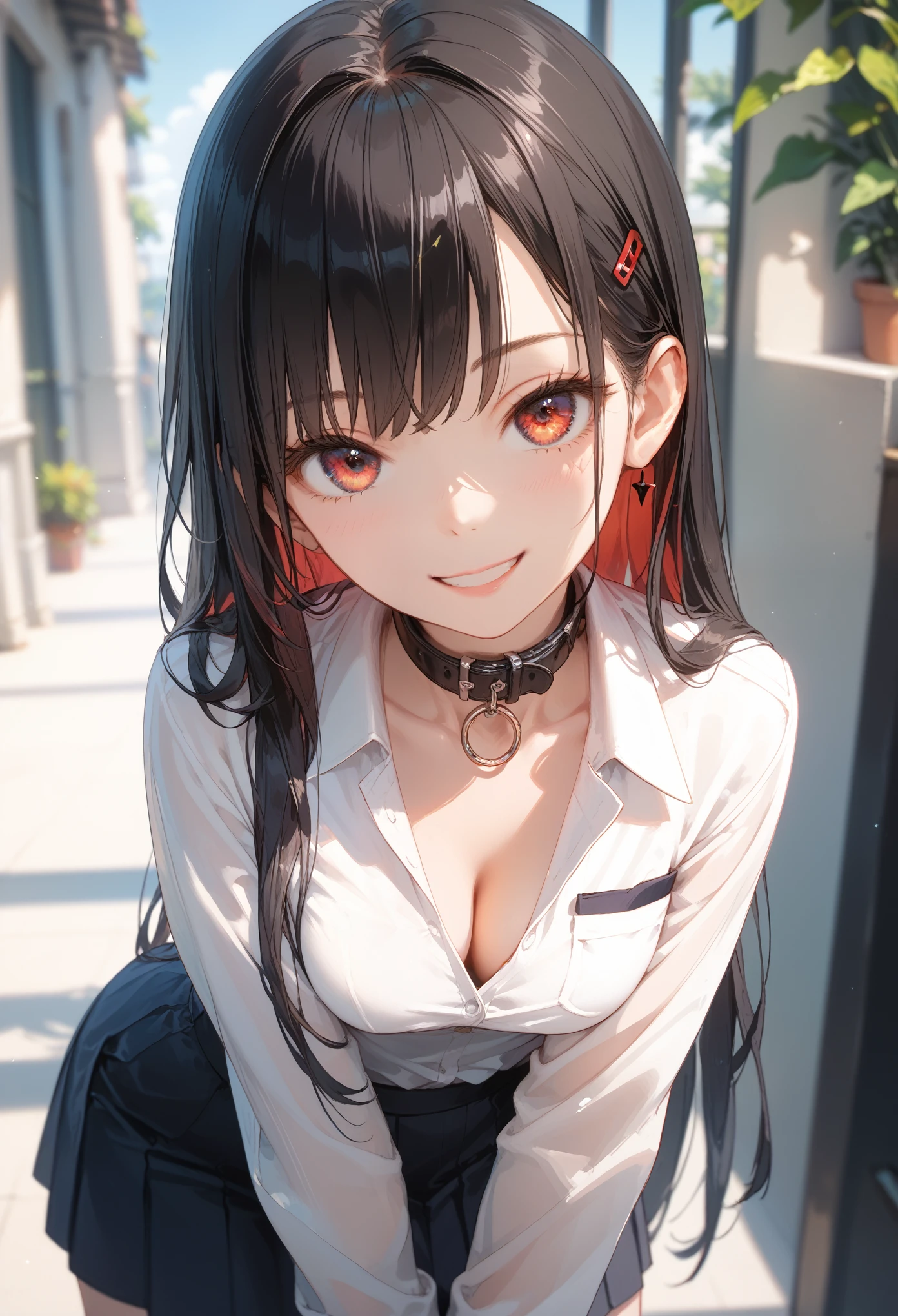 Score_9,Score_8_up,Score_7_up,highest quality anime,masterpiece,extremely detailed,depth of field,high-resolution,1 girl,slim,(black long hair,straight bangs),(Ideal slender proportions),(white shirt,uniform),(leaning forward),(opening the collar of her shirt with her hands,to reveal her cleavage),(evil smile:1.2),staring at me,view from above