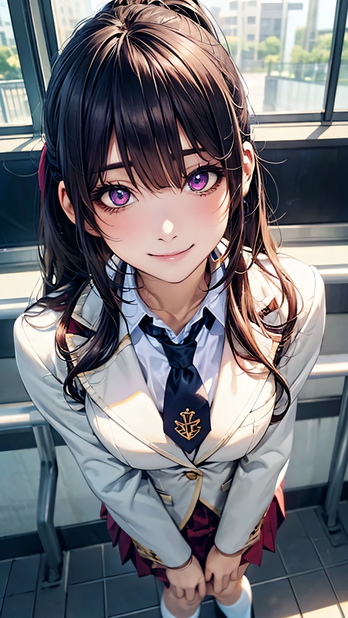 (masterpiece:1.2, top-quality), (Realistic, photoRealistic:1.4), beautiful illustrations from the front, ( natural side lighting , movie writing ), nsfw,
, 1 girl, Japanese, high School girl, perfect face, cute and symmetrical faces , shiny skin,
(Long Hair:1.5, ponytail:1.4, Black Hair ), Hair between the eyes, purple eyes, glowing eyes, Big Eyes, long lashes, (medium breasts), slender,
Beautiful Hair, Beautiful Face, beautiful detailed eyes, Beautiful clavicle, Beautiful body, Beautiful Breasts , Beautiful Thighs, Beautiful legs, Beautiful fingers ,
((fumizuki academy School uniform, White blazer, white collar shirt, are tied with ropes ), navy tie ),
( beautiful scenery ), evening , (School),, standing , (Beautiful smile, Above the eyes),