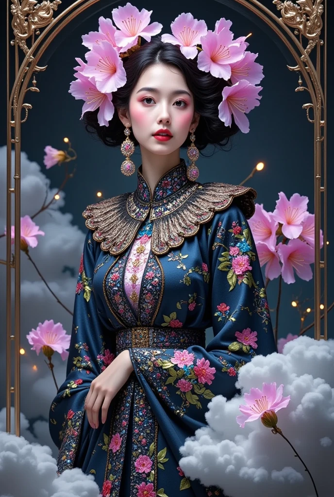 Mori Yukie, Dale Chihuly, fashion magazine cover, Wlop, Alphonse Mucha, Hsiao Ron Cheng, mineral pigment digital painting, textured matte, dark fantasy, new 3D ancient Chinese style, William Morris, Josef Frank, image of a rhododendron fairy with earrings in clouds, in the style of realistic yet romantic, fairycore, black paintings, baroque elegance, 32k UHD, exaggerated facial features, Chinese style lighting, 3D particles, Gustav Klimt, sequins, bioluminescence, luminous particles, James Turrell, Nick Veasey, ultra high definition pixels, full body, film grain